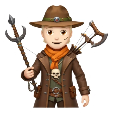 male human monster hunter emoji, wearing brown leather coat and wide hat, holding crossbow, with amulet shaped like skull, Halloween fantasy theme, confident smile, orange scarf, Apple emoji style, clean white background, square image sticker