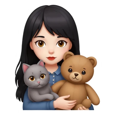 girl,drak eyes, red cheeks, black long hair with a bang, white face, holding a British gray cat and a brown teddy bear sticker