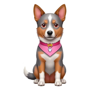 3D style Australian cattle dog with red coat sitting upright, facing forward, wearing a pink collar sticker