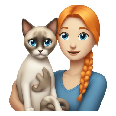 Girl with orange hair and blue eyes hugs Siamese cat with blue eyes sticker