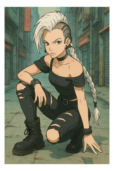 1 female, cyberpunk, mohawk white hair, 1 long braid, cybergoth, gothic style, action pose, style of anime, she is looking into the camera, black short sleeve off shoulder top, ripped tight jeans, combat boots sticker