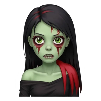 Garota zumbi com cabelo todo preto liso longo e mechas vermelhas na lateral da cabeça dos dois lados, usando uma blusa com um lado da manga caida preta  sticker