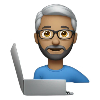 Person (white male, black and grey hair and beard with blue eyes and glasses) working on macbook laptop sticker
