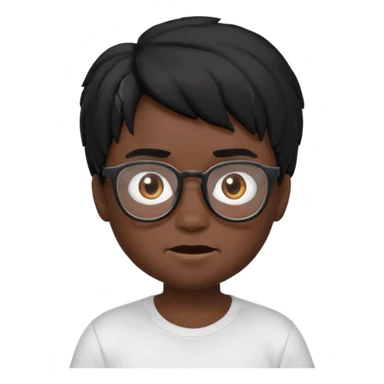3D cartoon emoji portrait of a young character with black skin, messy black hair, big expressive brown eyes, wearing glasses and a white t-shirt, realistic shading, Pixar-style lighting, smooth texture, cute and slightly funny expression, high-quality render, white background, Apple Memoji style sticker