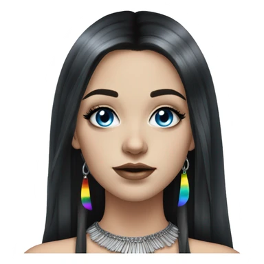 Hyperrealistic white girl with blue eyes and long black hair with rainbow fringe. Wearing cute black & silver choker necklace has dark eye makeup on her eyes sticker