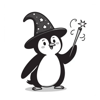 hand-drawn penguin with wizard hat and wand casting magic sticker