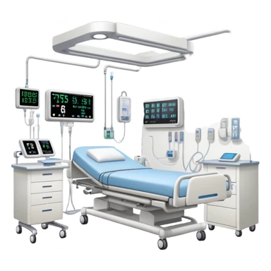 Hospital sleep laboratory with hospital bed, sleep monitoring equipment, medical staff, EEG monitors, and hospital room features sticker