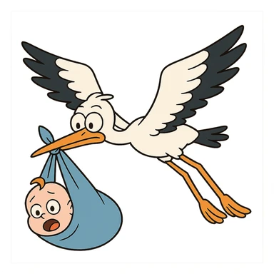 stork flying with a baby in a blue blanket in flat toon style sticker