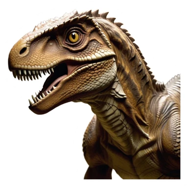 Cinematic Realistic Noble velociraptor/T-rex Portrait Emoji, Poised and imposing, with a massive, muscular build and a rugged, intricately scaled hide in ancient earthy tones, a sharply defined, fearsome head with piercing, primal eyes rendered in lifelike detail, high shine, intelligent and formidable, styled with an air of prehistoric authority, focused and attentive, soft glowing outline, capturing the essence of a watchful and confident velociraptor/T-rex that appears ready to roar out of the screen with timeless power! sticker