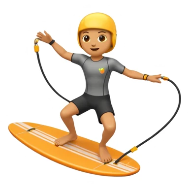 "Apple 3D emoji-style character wakeboarding mid-jump, with arms extended holding an orange rope, legs slightly bent on a yellow board. Stylized water splash behind. Emoji face, rounded body, bright and clean Apple shading. sticker