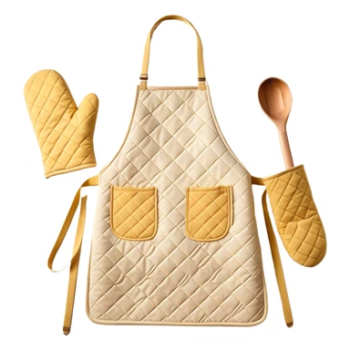 Cinematic Realistic Apron & Oven Mitts, a neatly folded soft pastel apron with subtle fabric textures, resting next to thickly padded oven mitts with a quilted pattern, warm golden kitchen lighting reflecting off the fabrics, evoking a sense of homely warmth and culinary creativity. sticker
