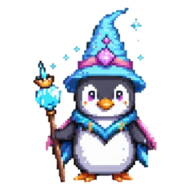 a penguin wizard with magical sparkles and a unicorn companion sticker