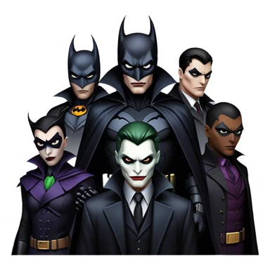 Icon for Thriller Movies: A large, dramatic collage featuring sinister villains in dark clothing. The background shows the gloomy cityscape of Gotham, with dim lighting and eerie shadows. The atmosphere should be tense, mysterious, and suspenseful. Transparent background. sticker