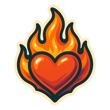 retro sticker style image of a stylized flame with heart-shaped core, bold outlines, juicy colors, expressive highlights and shadows sticker