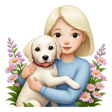 A girl happily hugs a white Labrador among the flowers sticker