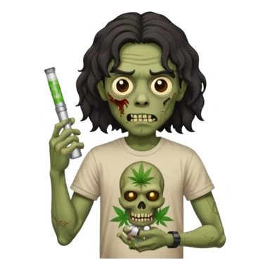 black mid long wavy haired zombie getting stoned with weed t shirt and bong on his hand sticker
