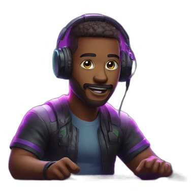 Gamer with mic and neon lights sitting at desk sticker