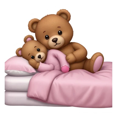 Brown teddy bear laying with a light pink teddy bear in bed sticker