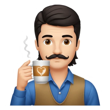 generate an ios genmoji of a fair young guy with black mustache, mullet hairstyle, drinking coffee sticker
