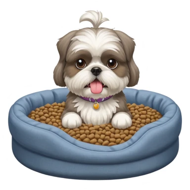 old ALL grey shih tzu in dog bed tongue hanging out with a bowl of food sticker