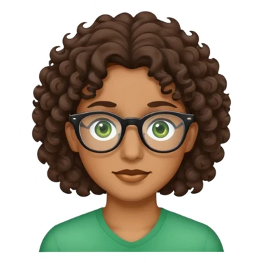 Tan with dark brown, curly wavy hair with green eyes and clear glasses ￼ sticker