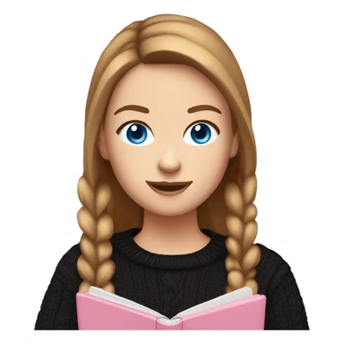 caucasian white IT girl student, holding pink laptop, blue eyes, brown hair ponytail wearing a thick black sweater sticker