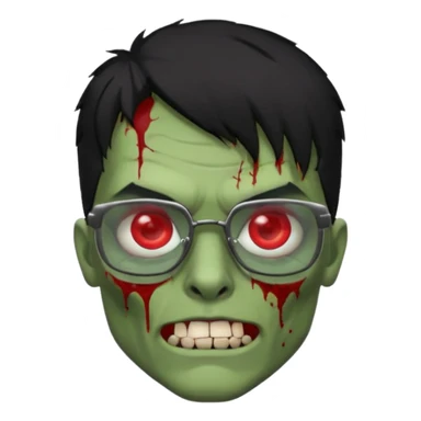 homem zumbi de óculos cabelo preto com muita olheira deixar pele dele verde dentes brancos e olhos vermelhos e ensanguentados deixar óculos quadrado e preto e olhos cheio de veias vermelhas e encher o rosto de piercings colocar piercing em todo rosto sticker