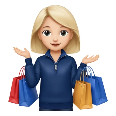 A little girl (he usually calls her baby), who is obsessed with shopping and luxury brands and holds a dozen of bags, she wears navy blue half zip sweater and holds 10 bags sticker