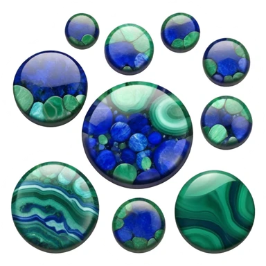 Round cabochon gemstone with blue azurite and green malachite mixed patterns and high polish sticker