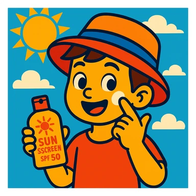 bright cartoon style of a boy wearing a hat and applying sunscreen on his cheek sticker