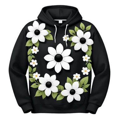 The BLACK Hoodie features a black base with distinctive white and black  open flower spots with empty space in the middle, These hollow ring-like patterns are scattered across. BLACK AND WHITE FLOWERS SPACED OUT FLOWERS, AND ONLY A FEW FLOWERS AND NO DOTS, NO VINES, NO LEAVES sticker