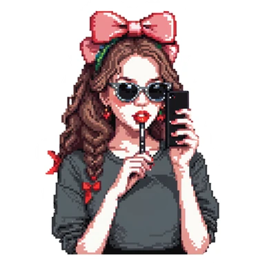 Girl with huge lips, sunglasses, bow on her hair, holding a phone with attitude sticker