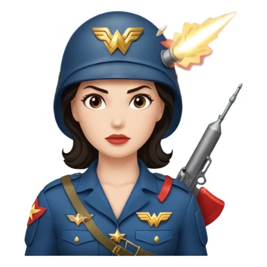 Female full confidence battle ready but pretty ground soldier heroically saving lives accompanied by Wonder Woman , with shelling happening all around sticker