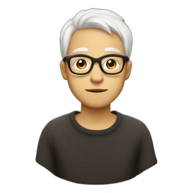 thin white teenager with white hair.  He is cross-eyed and wears black glasses.  he has a triangular shaped head.  he's also wearing a brown sweater sticker