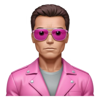 Schwarzenegger-like Terminator, upper body only, wearing his iconic clothes in pink (all clothes must be pink), looking more human with minimal robotic details, and wearing dark sunglasses, hair must be dark sticker