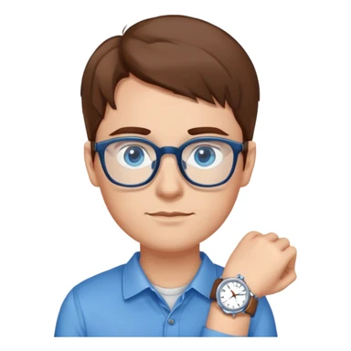 person with brown hair, blue eyes, glasses, wearing a blue shirt and a watch sticker