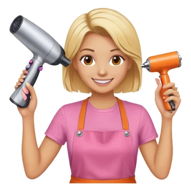 blonde female hairstylist smiling, pink t-shirt, orange apron, holding scissors and hairdryer with hands raised sticker