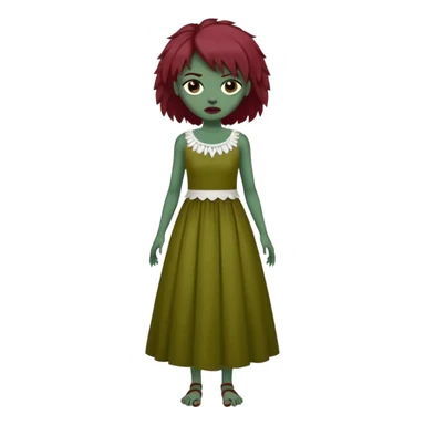Faça uma garota com pele verde e que seja zombie, que tenha cabelo grande da cor vermelho marsala e que tenha uma franja e que seja liso mais enrolado nas pontas, e que esteja vestindo um sobre tudo(vestido sem alça) da cor branca  sticker
