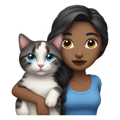 Woman with dark long hair, pink lips and blue eyes holding a tabby cat  sticker