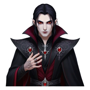 Cinematic Realistic WoW Vampire Mage Portrait, depicted with dark and mysterious elegance, wearing a flowing black robe intricately adorned with arcane silver filigree and esoteric runes. His pallid, almost ethereal skin contrasts with deep crimson, mesmerizing eyes, while his dark, slick hair falls in sleek strands. Rendered with lifelike texture and moody, dramatic lighting, high shine, noble and formidable, capturing the essence of a legendary vampire mage of Azeroth. sticker