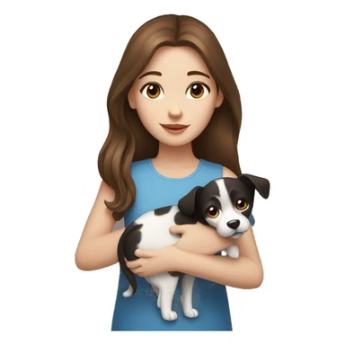 girl with brown hair blue eyes holding a black and white dog sticker