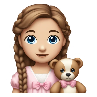 Little Girl with White skin, blue eyes. Long brown hair with two braids and two pink bows in it. She is wearing a pink and White dress, standing and holding on to a teddybear. sticker