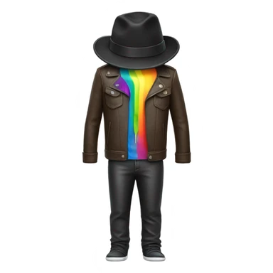 A fork wearing a leather jacket and fedora with rainbow pajama pants sticker