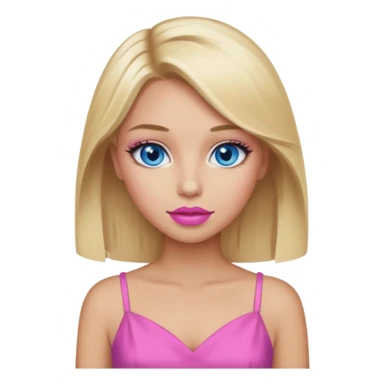 Girl with blonde hair, blue eyes, pink lipstick and tan skin wearng makup and a pink dress sticker