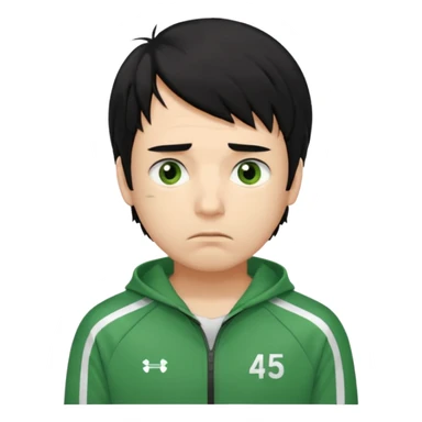 squid game player 456
Hair: Messy, medium-length black hair 🖤💇‍♂️
Face: Tired eyes, often anxious or nervous look 😟👀
Clothes: Green tracksuit with white stripes 🟢👟 (number 456 on his chest)


 sticker