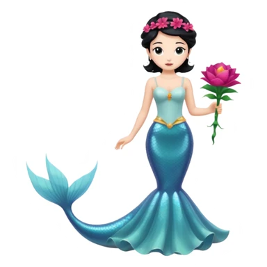 Chica blanca,cuerpo entero, vestido boda tipo  sirena tirantes finos y estrecho, pelo negro recogido con mechones y zapatos tacon y 1 flor en la cabeza sticker