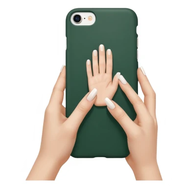 female hand with nude manicure (5 fingers) holding a white iPhone in a dark green case, very minimalist sticker