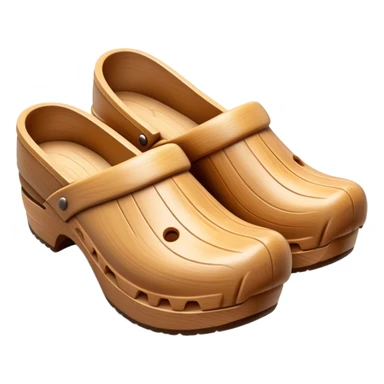 Cinematic Realistic Wooden Clogs Emoji, depicting the classic handcrafted footwear with a smooth, curved design and sturdy wooden soles, rendered with rich textures and warm, natural lighting. sticker