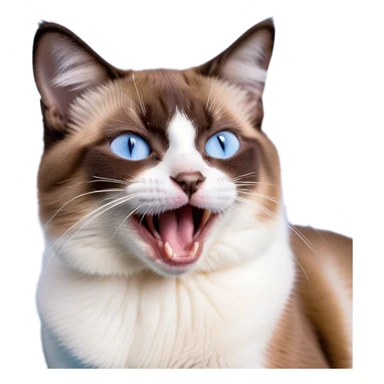 Cinematic Cute Yawning Brown Mantle Snowshoe Cat Portrait Emoji, Head tilted slightly with a dramatic, wide-open yawn, smooth brown fur draping elegantly over its back with contrasting white paws, chest, and facial markings, piercing icy-blue eyes that are barely open, Simplified yet irresistibly adorable features, highly detailed, glowing with a soft, cozy glow, high shine, relaxed yet expressive, stylized with a touch of whimsy, bright and endearing, soft glowing outline, capturing the essence of a sleepy yet affectionate kitty, so drowsy it feels like it could stretch right out of the screen and curl up for a nap! sticker