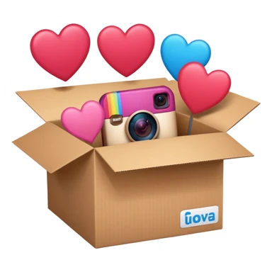 a box with an instagram logo on its face,  open with swipe files inside and hearts, likes  sticker